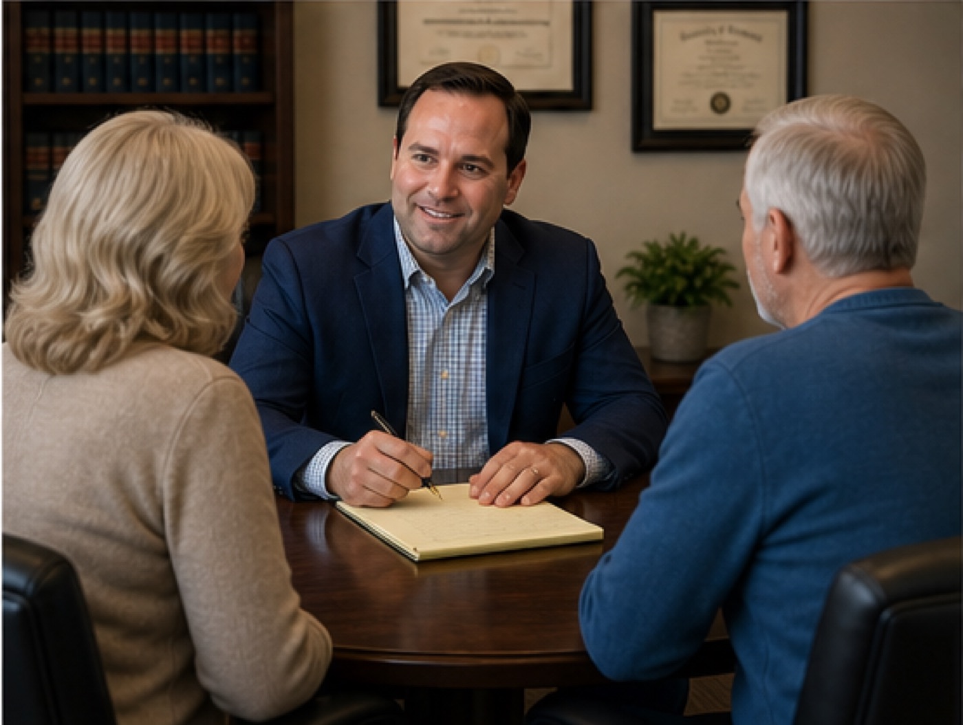 Aaron Budd reviewing an estate plan with clients across a conference table