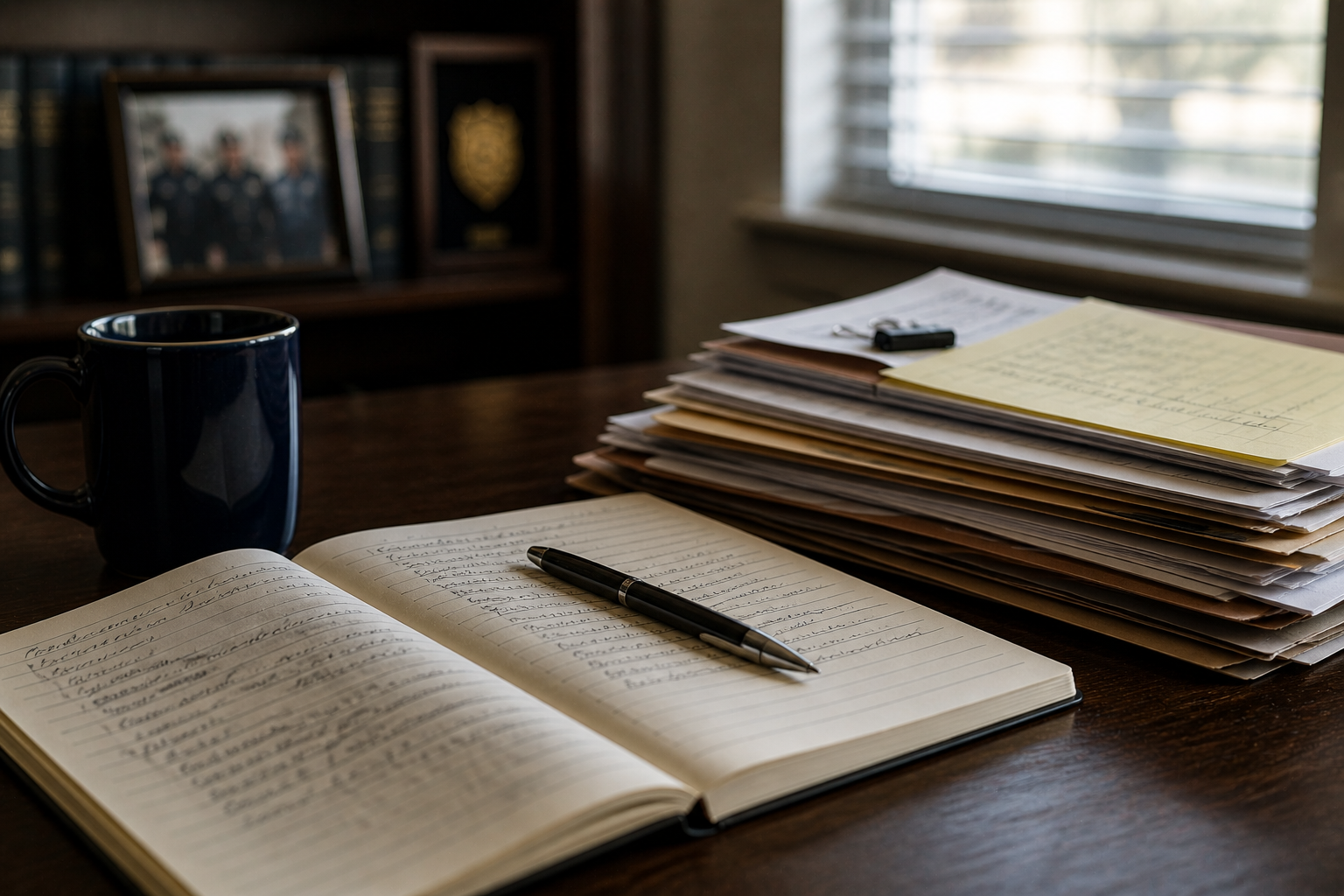 Officer's desk with framed family photo, journal, and personal letters representing legacy planning