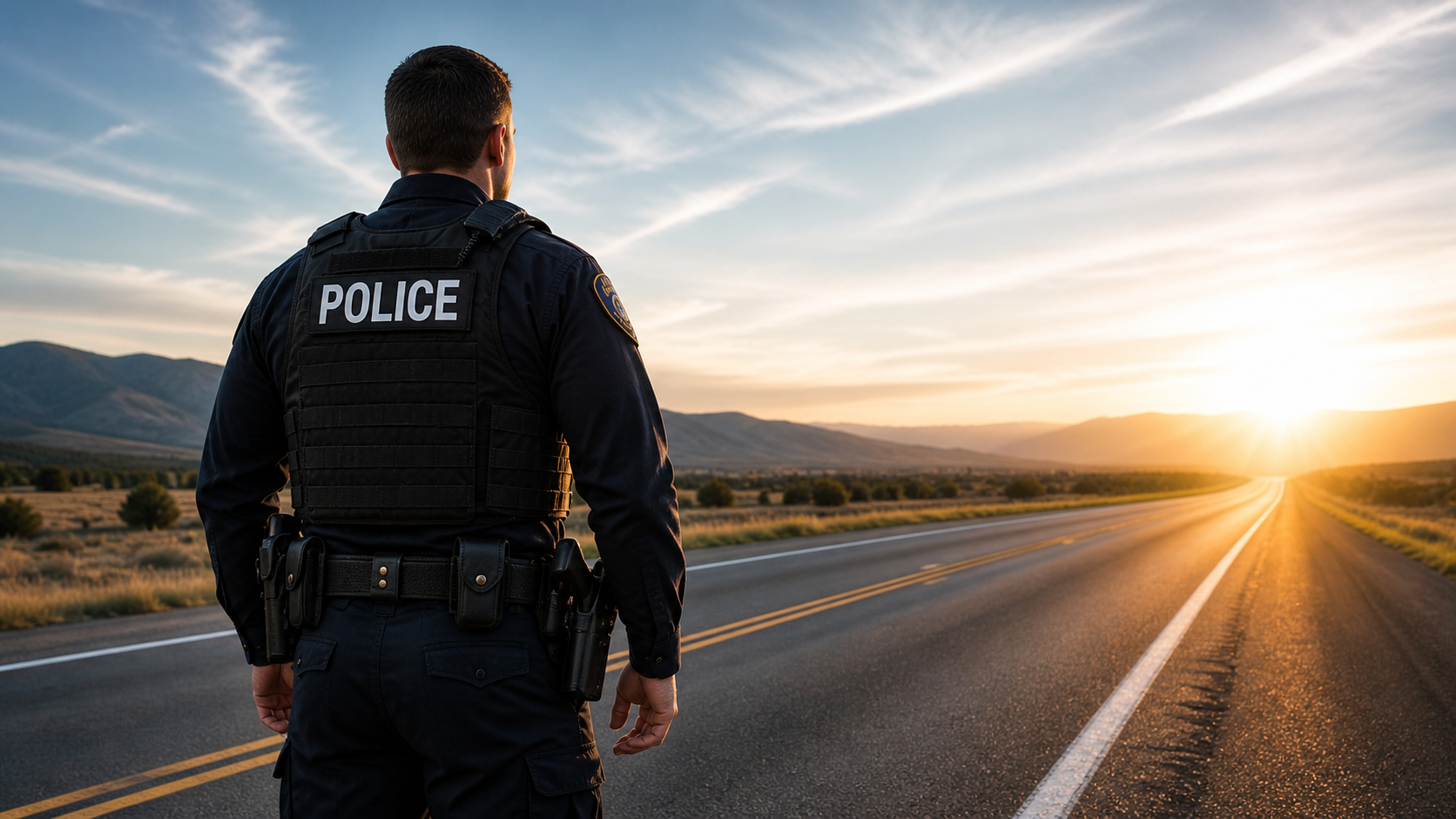 Oklahoma police officer walking down an open road at sunrise