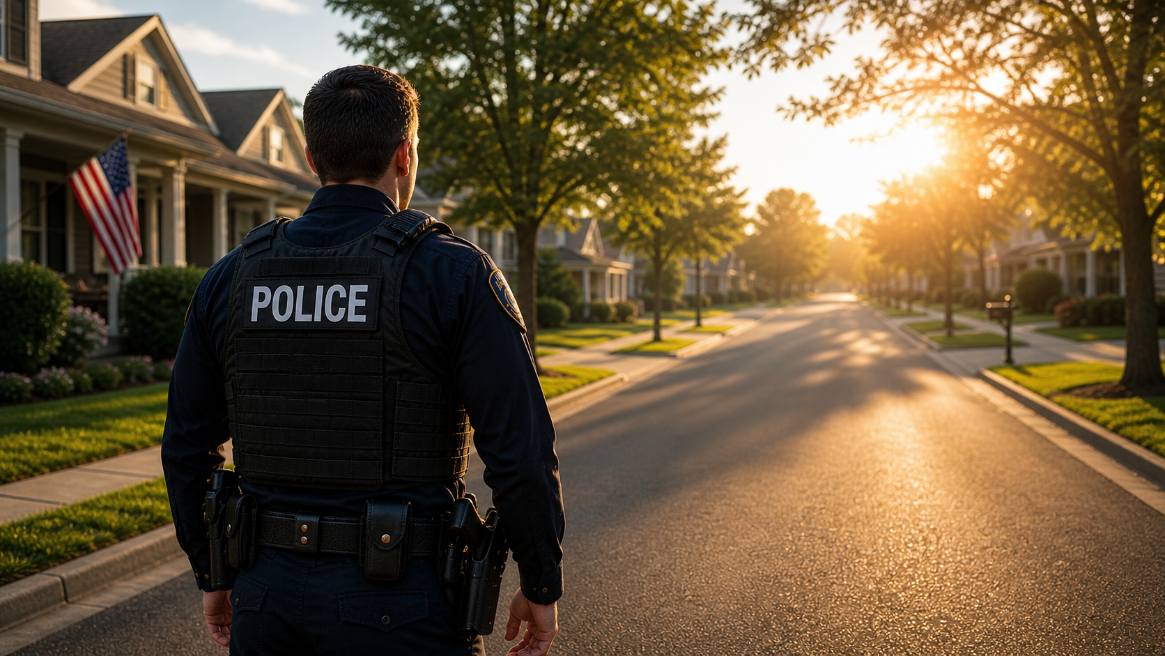 Oklahoma police officer walking down a tree-lined neighborhood street at sunrise, American flag on a porch