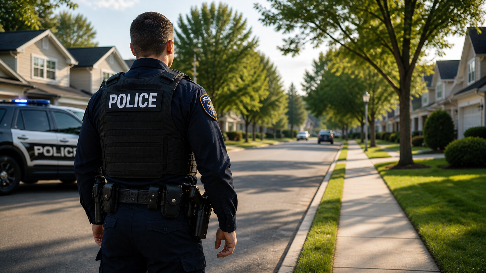 Oklahoma police officer on patrol in a suburban neighborhood